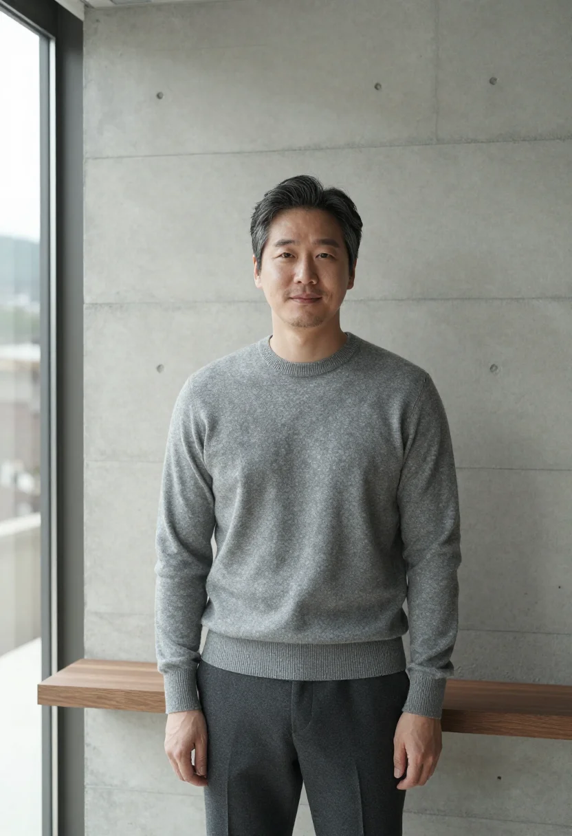 AI parasite seoul modern house concrete wood sample — portrait of a man, a Korean man in his mid-forties with warm