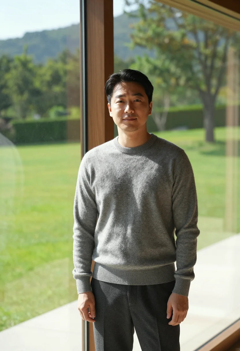 AI parasite seoul modern house concrete wood sample — portrait of a man, a Chinese man in his mid-thirties with go