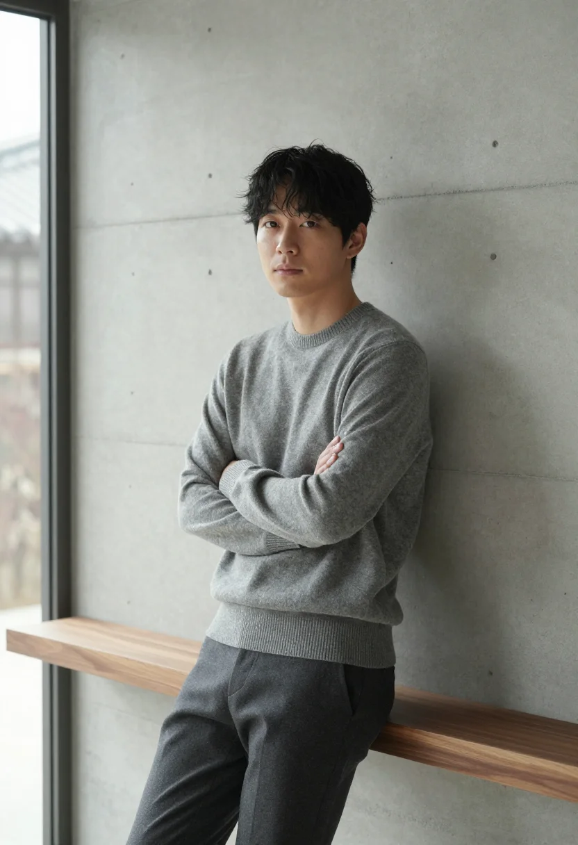 AI parasite seoul modern house concrete wood sample — portrait of a man, a Japanese man in his early thirties with