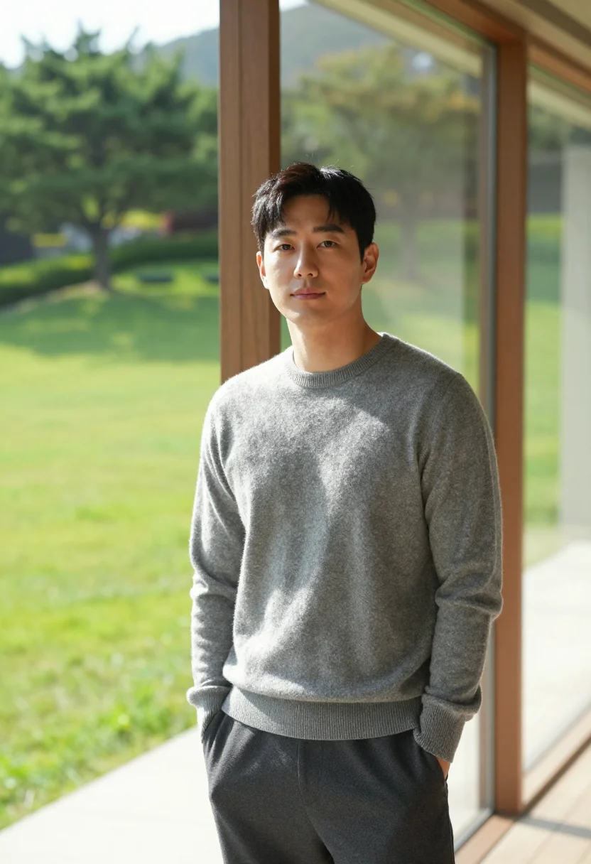 AI parasite seoul modern house concrete wood sample — portrait of a man, a Korean man in his early forties with wa