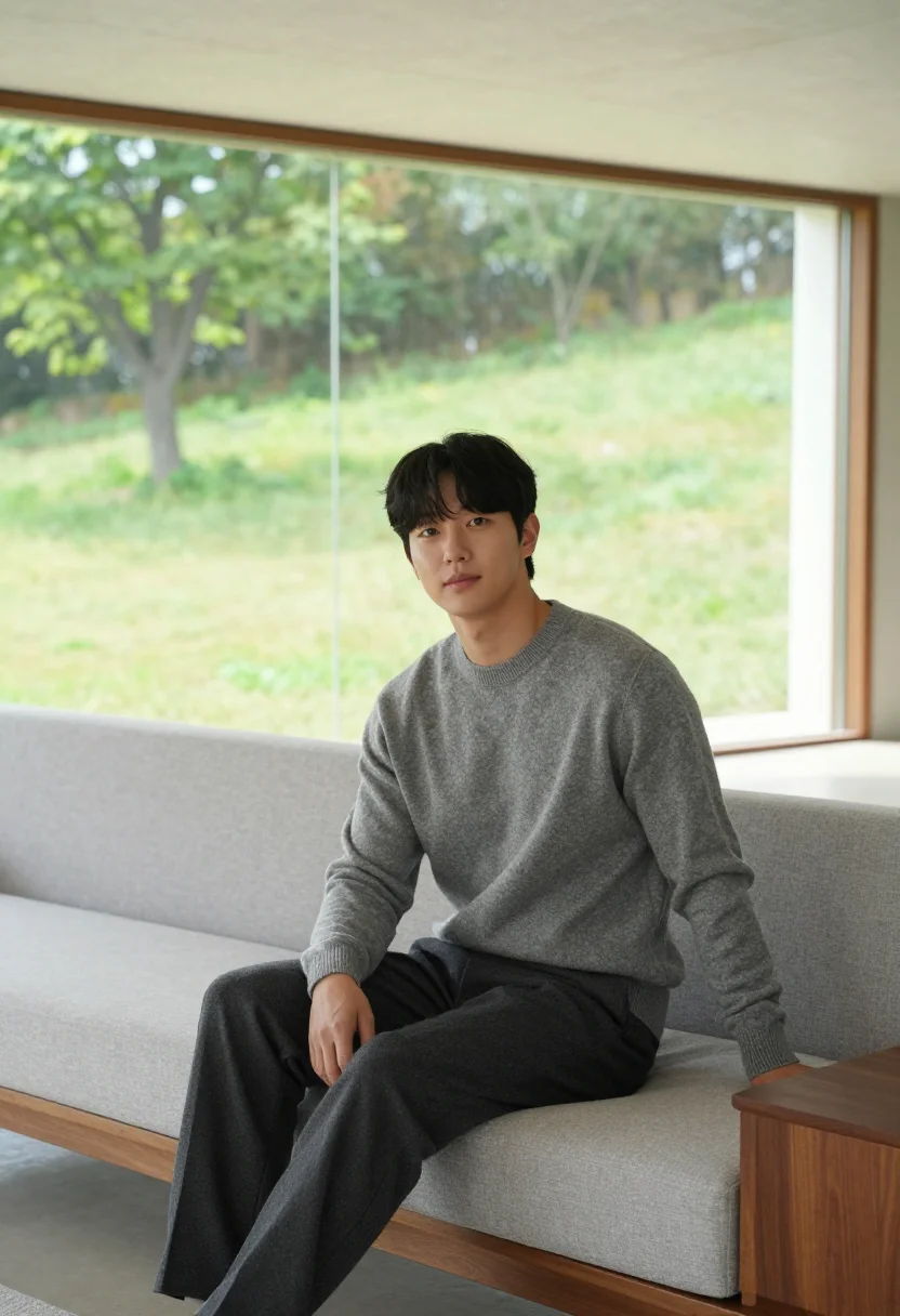 AI parasite seoul modern house concrete wood sample — portrait of a man, a Korean man in his late twenties with wa