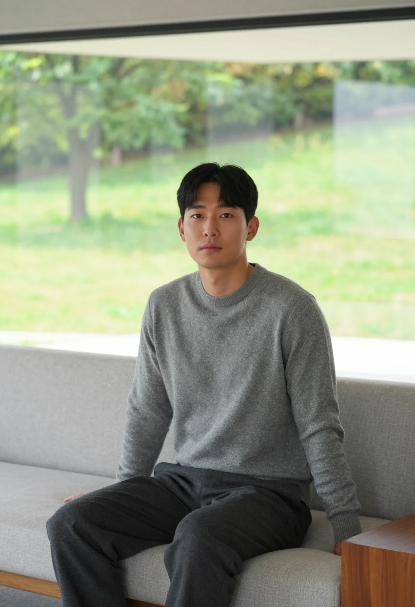 AI parasite seoul modern house concrete wood sample — portrait of a man, a Korean man in his early thirties with w