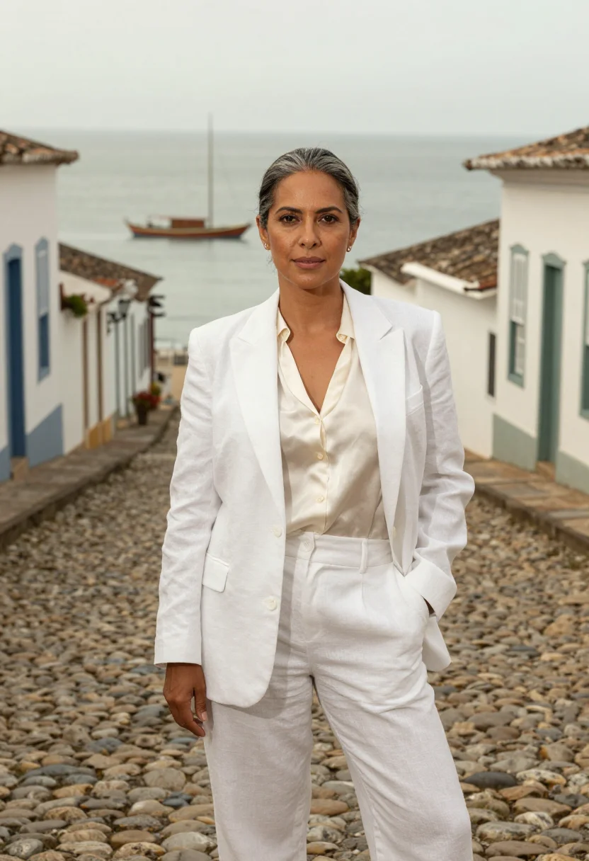 AI parati hotelier colonial white cobble sea sample — portrait of a woman, a hotelier of mixed Brazilian descent i