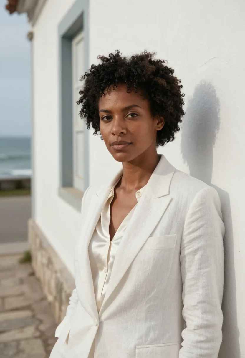 AI parati hotelier colonial white cobble sea sample — portrait of a woman, a hotelier of Afro-Brazilian descent in