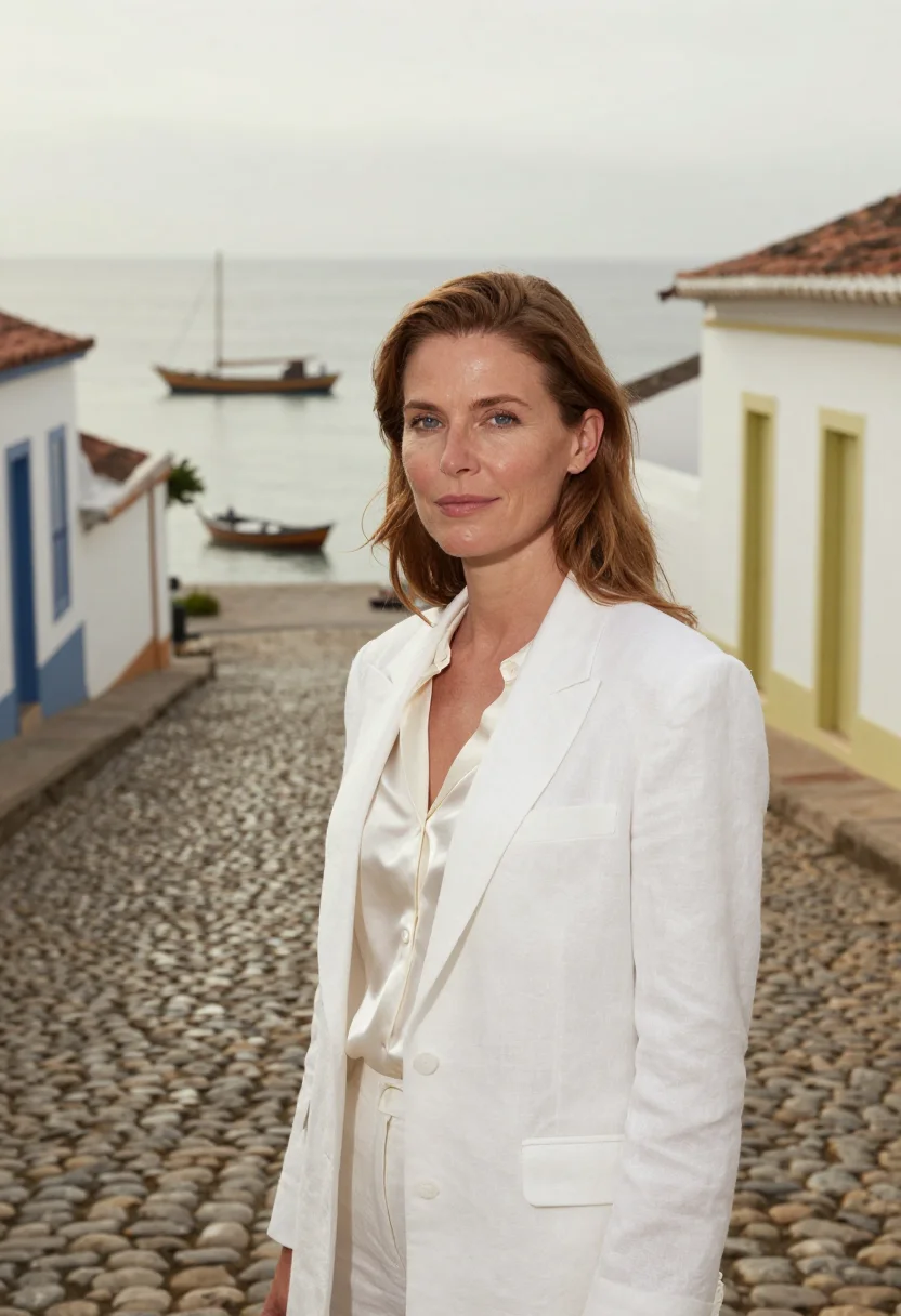 AI parati hotelier colonial white cobble sea sample — portrait of a woman, a hotelier in her mid-forties, with fai