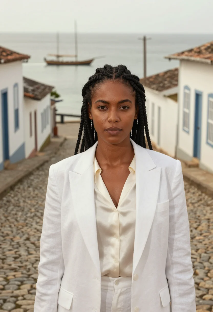 AI parati hotelier colonial white cobble sea sample — portrait of a woman, a hotelier of Afro-Brazilian descent in