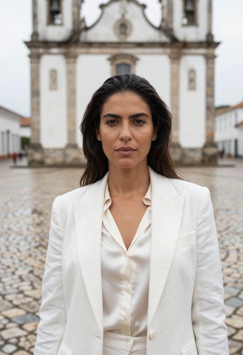 AI parati hotelier colonial white cobble sea sample — portrait of a woman, a hotelier of mixed Brazilian descent i