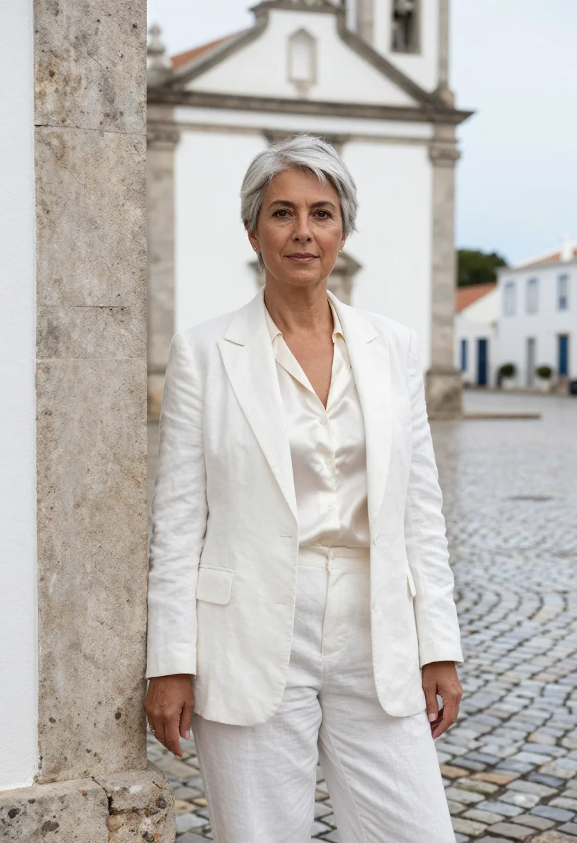 AI parati hotelier colonial white cobble sea sample — portrait of a woman, a hotelier in her late fifties, with ta