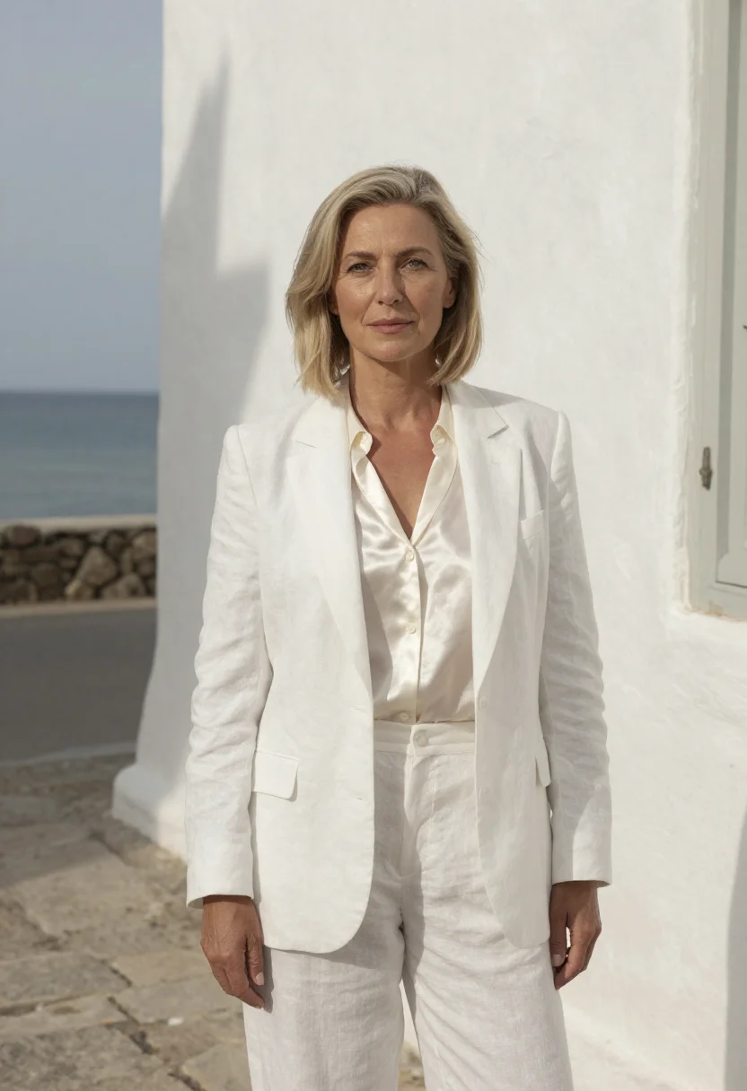 AI parati hotelier colonial white cobble sea sample — portrait of a woman, a hotelier in her early fifties, with f