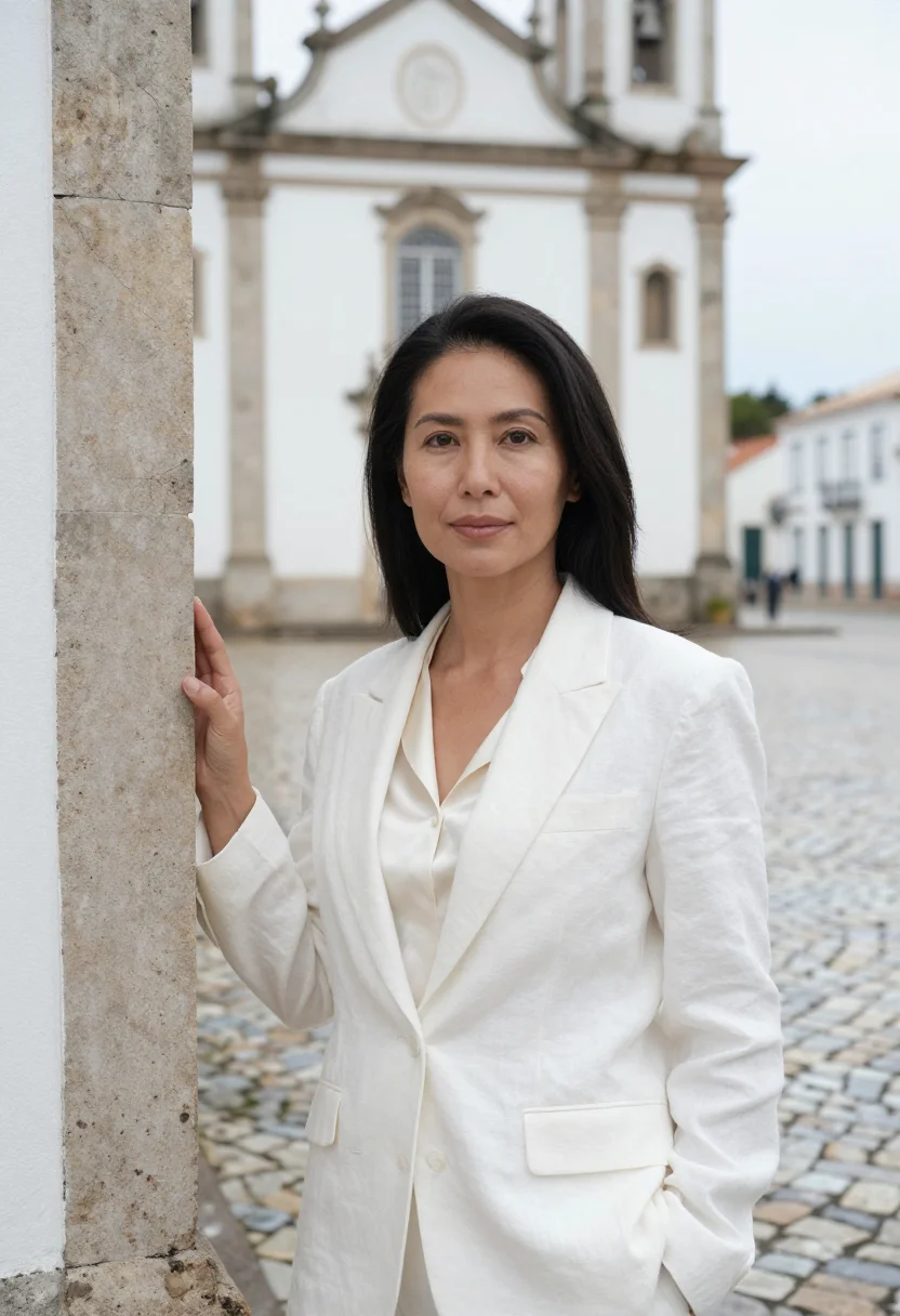 AI parati hotelier colonial white cobble sea sample — portrait of a woman, a hotelier of Japanese-Brazilian descen
