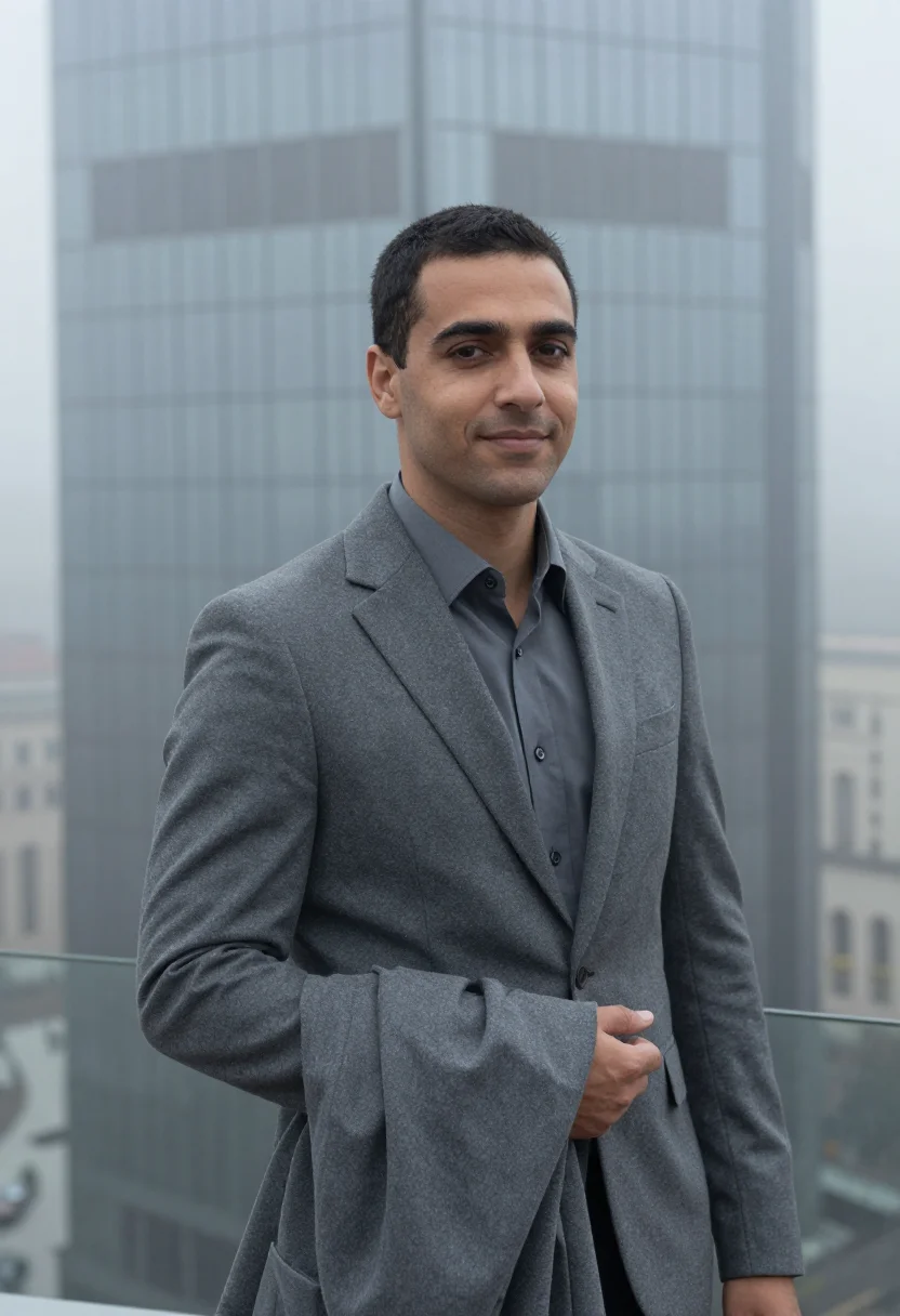 AI paris la defense fog slate sample — portrait of a man, framed chest-up, cropped at the ribs, the