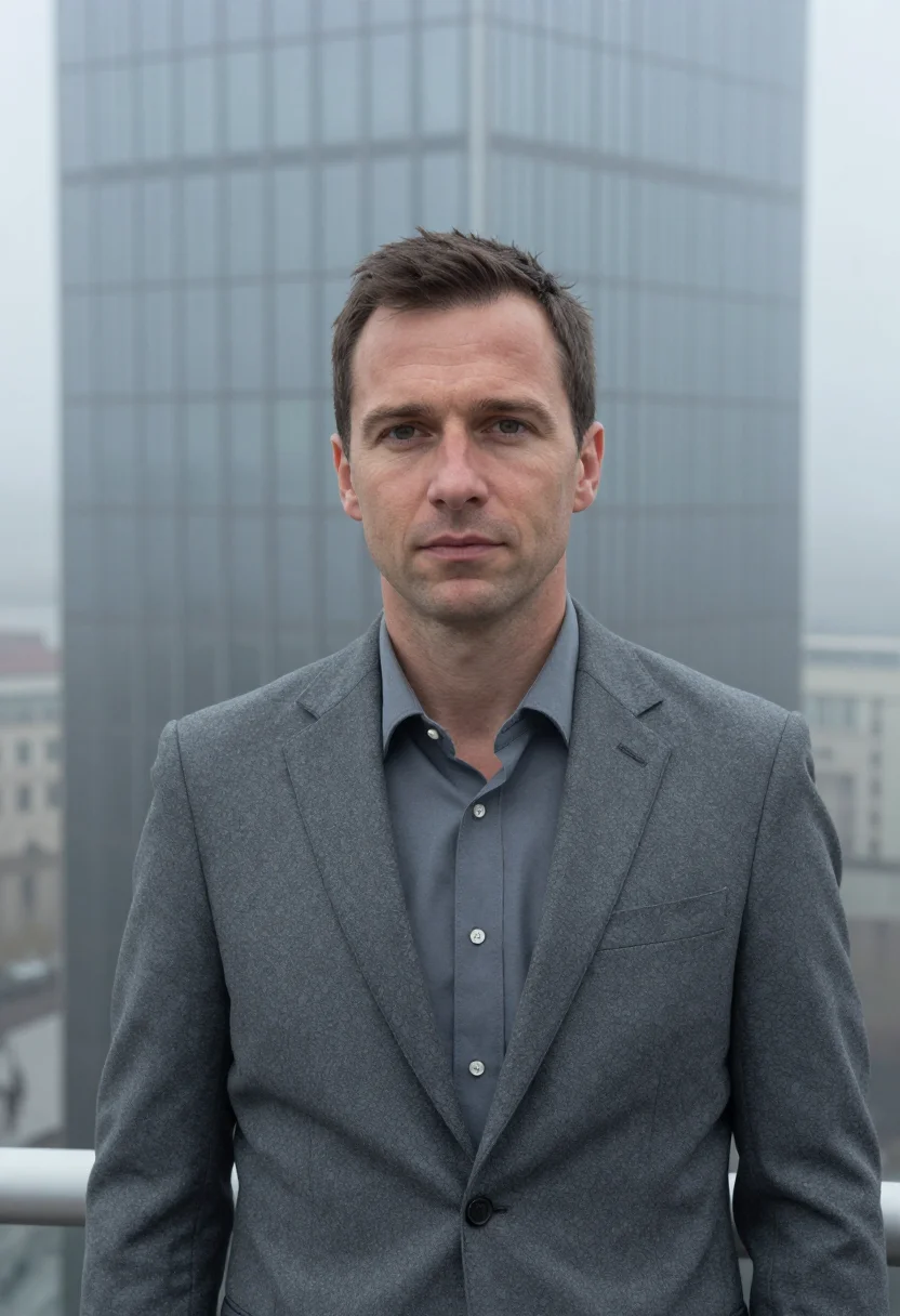 AI paris la defense fog slate sample — portrait of a man, framed tight, head and shoulders, the bod