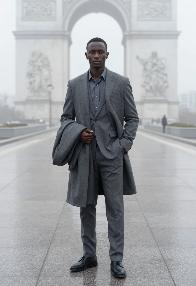 AI paris la defense fog slate sample — portrait of a man, framed full-length from the head to the s