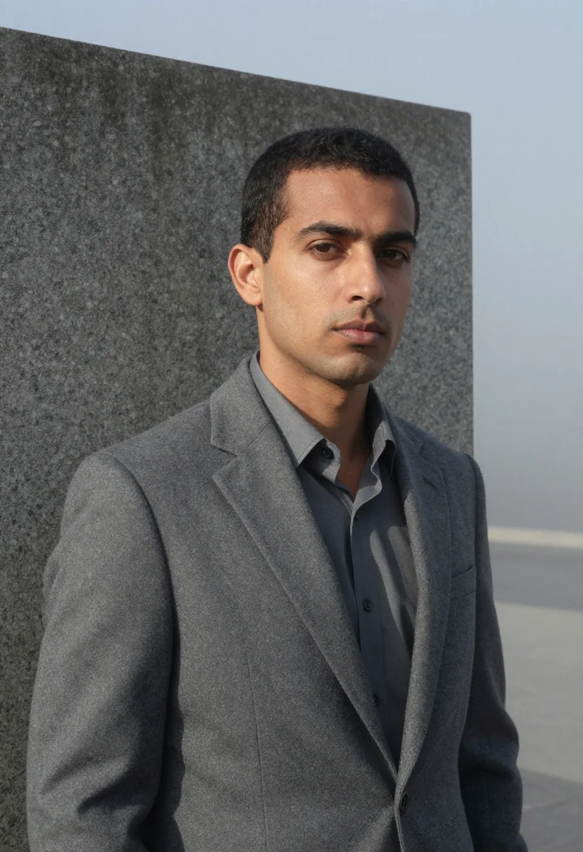 AI paris la defense fog slate sample — portrait of a man, framed tight, head and shoulders, the bod