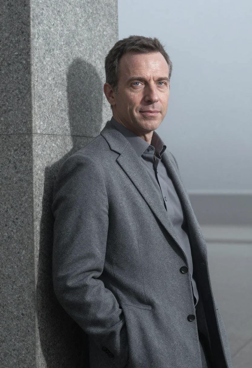 AI paris la defense fog slate sample — portrait of a man, framed chest-up, cropped at the ribs, the