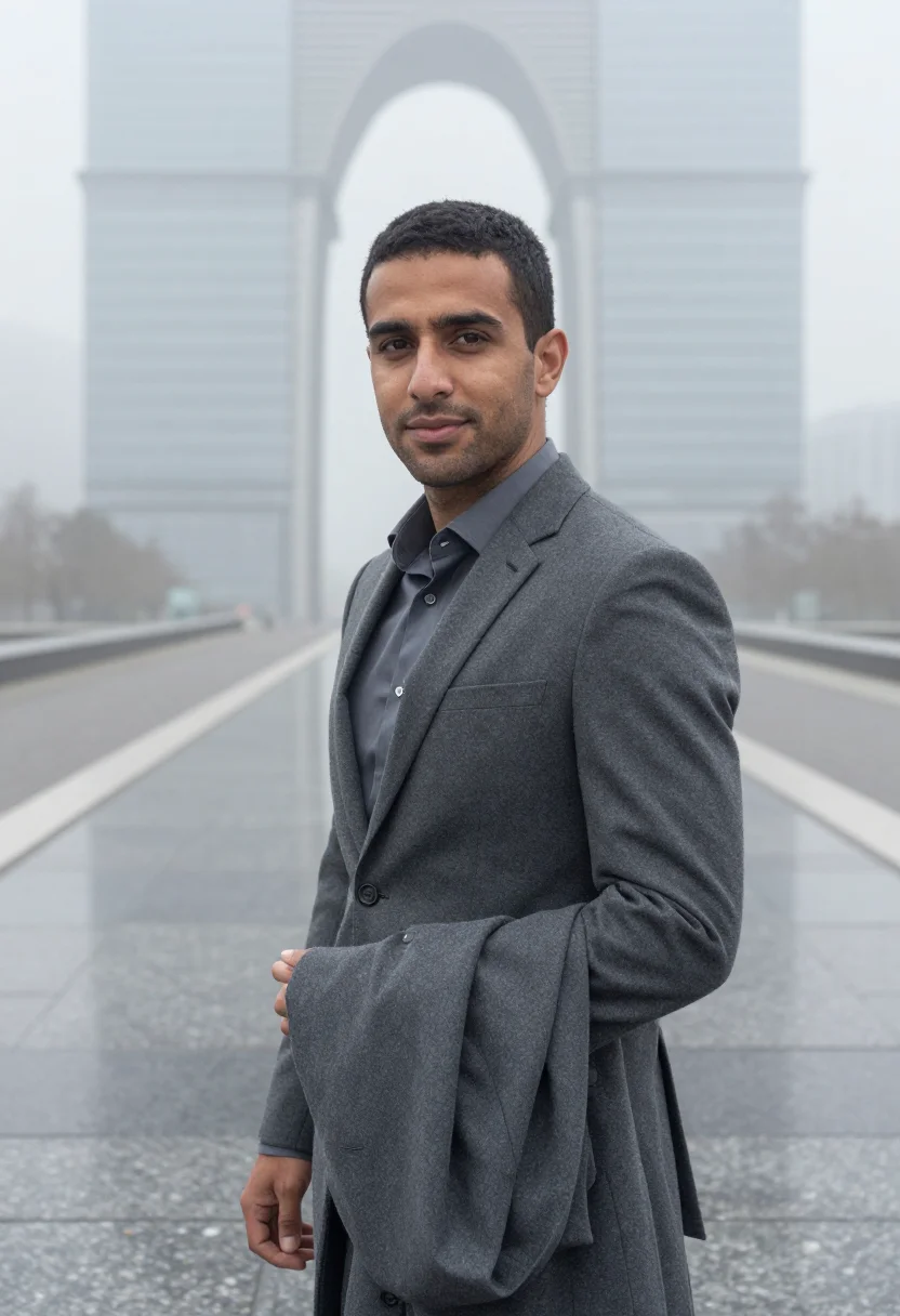 AI paris la defense fog slate sample — portrait of a man, framed chest-up, cropped at the ribs, the