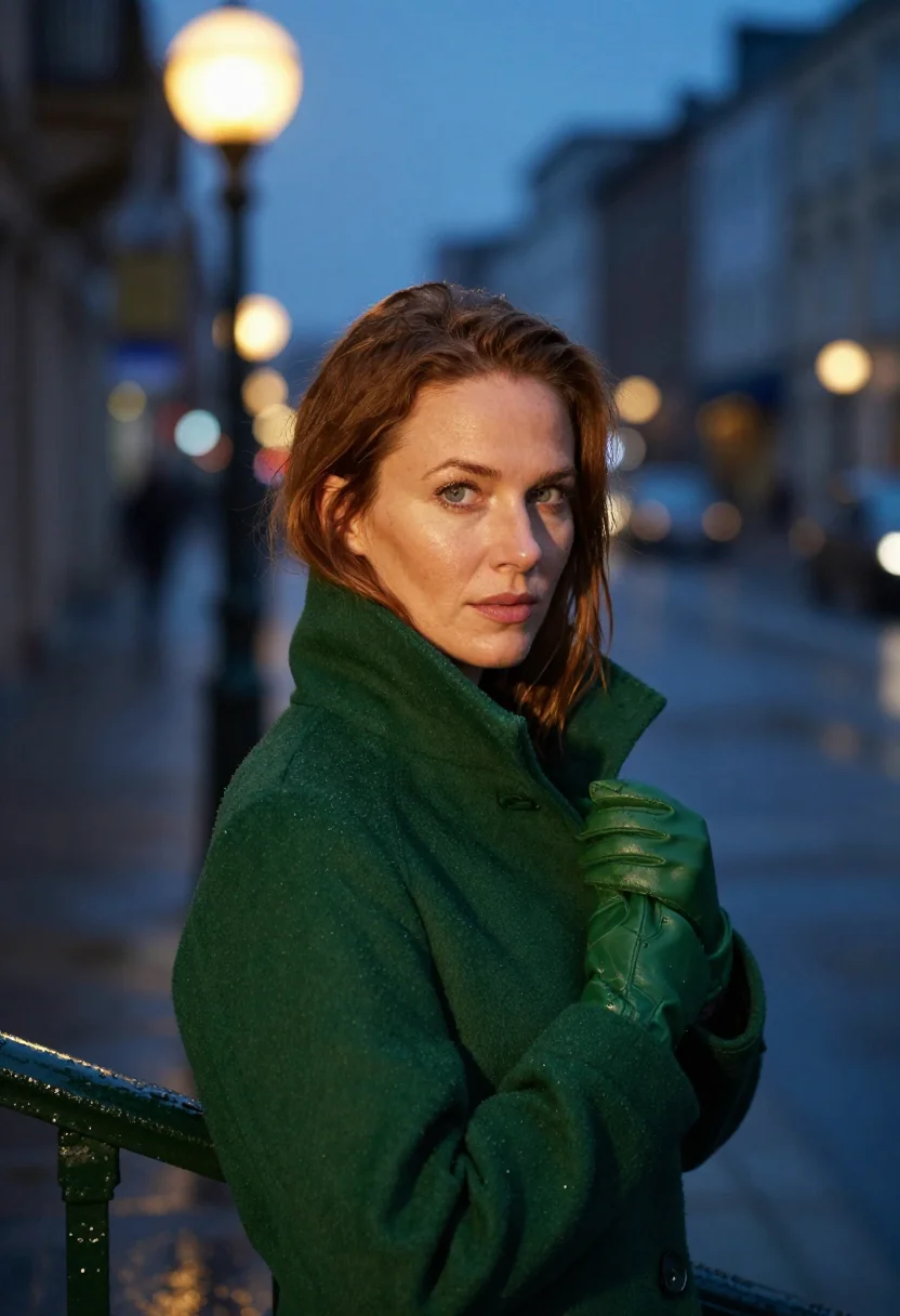 AI paris metro winter green sample — portrait of a woman, framed as a tight headshot from the cro