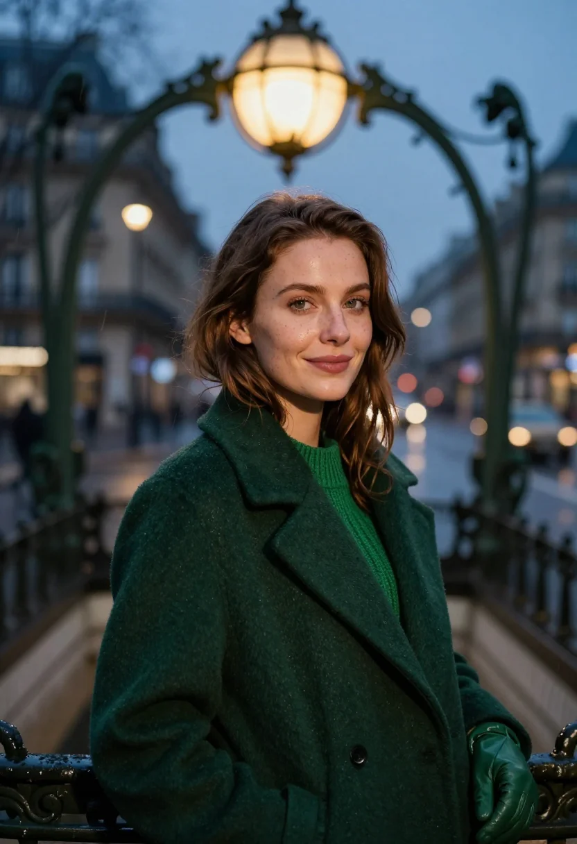 AI paris metro winter green sample — portrait of a woman, framed head and shoulders, tighter, the