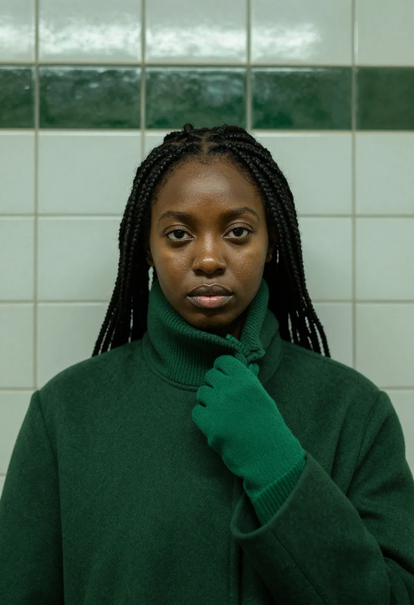 AI paris metro winter green sample — portrait of a woman, framed chest-up from the ribs with the