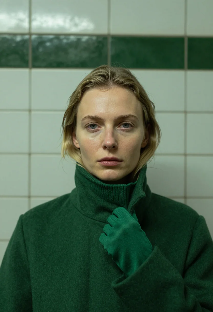 AI paris metro winter green sample — portrait of a woman, framed as a tight headshot from the cro