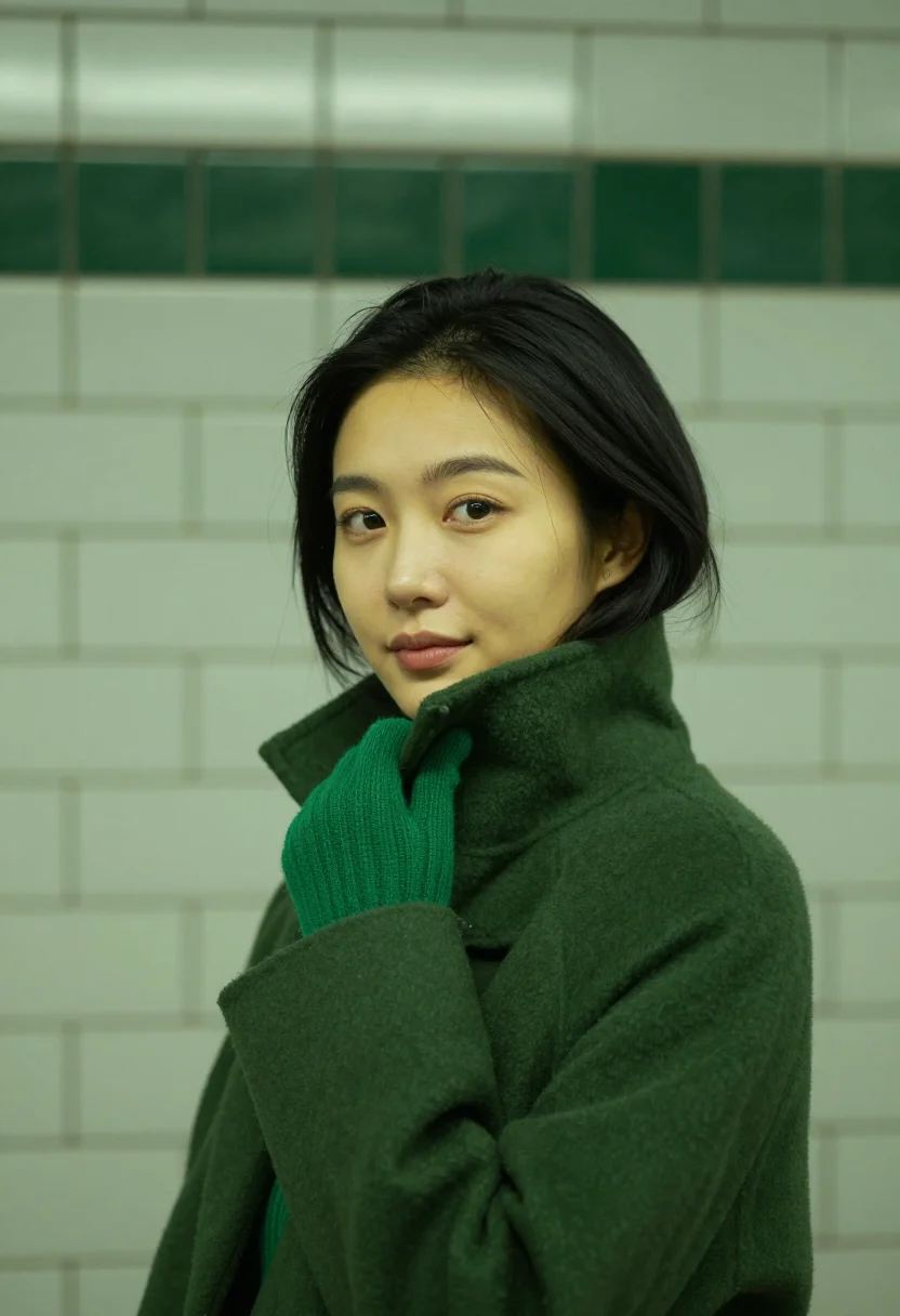 AI paris metro winter green sample — portrait of a woman, framed head and shoulders, tighter, the