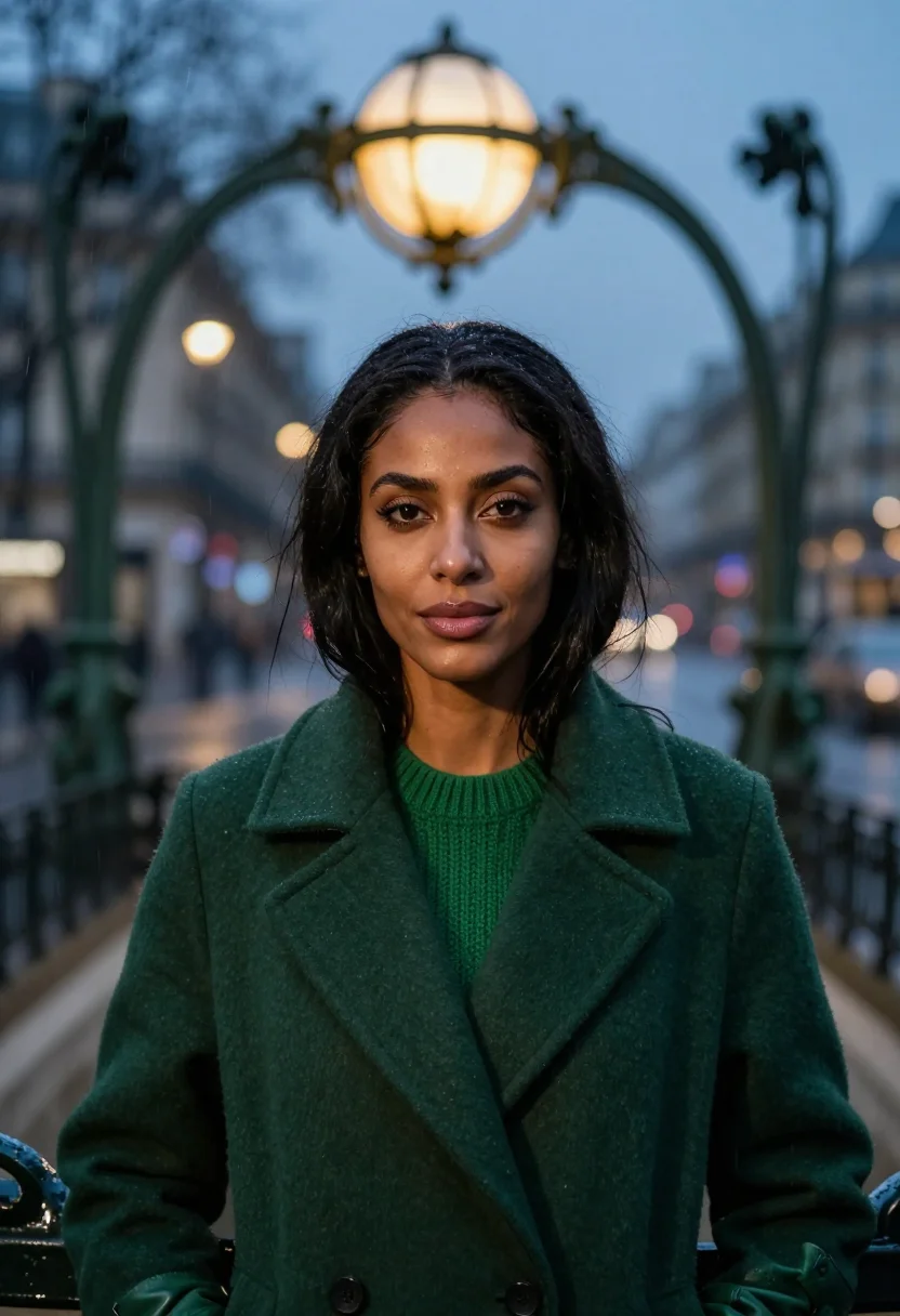 AI paris metro winter green sample — portrait of a woman, framed as a tight headshot from the cro
