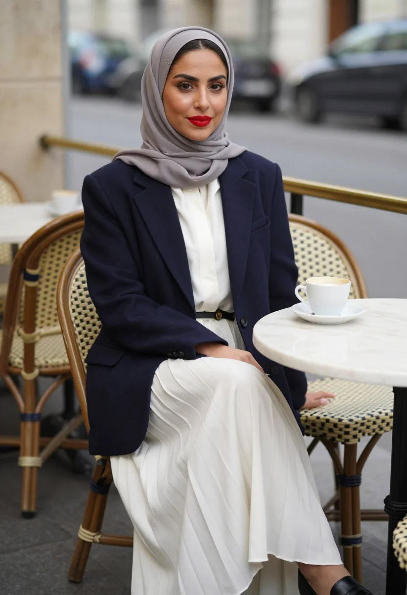 AI paris modest street sample — portrait of a woman, a three-quarter-length terrace portrait