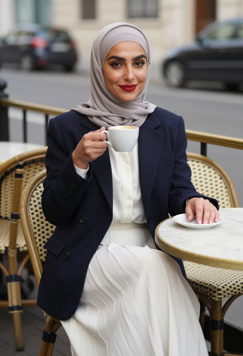AI paris modest street sample — portrait of a woman, a half-length terrace portrait of a Mag