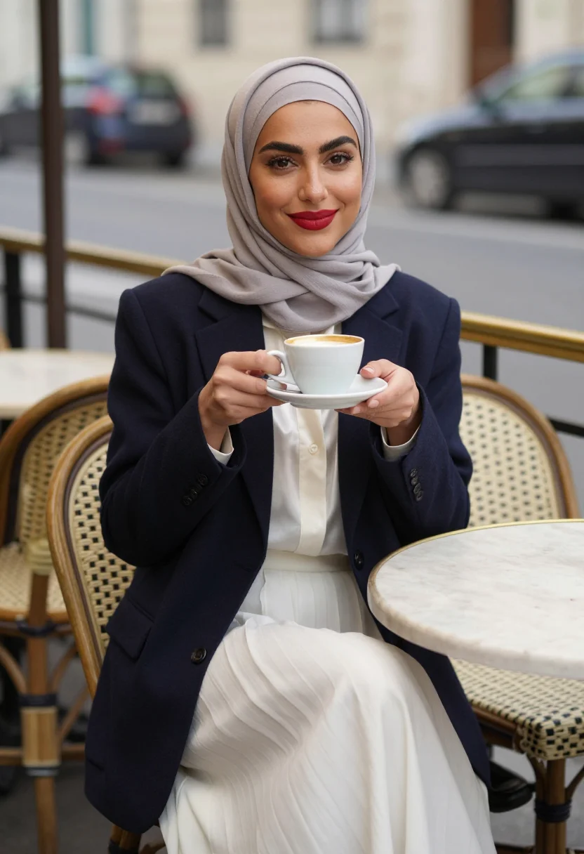 AI paris modest street sample — portrait of a woman, a chest-up terrace portrait of a Maghre