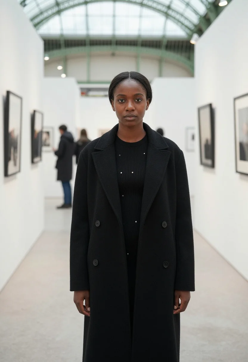AI paris photo grand palais black sample — portrait of a woman, framed chest-up, the camera at eye leve