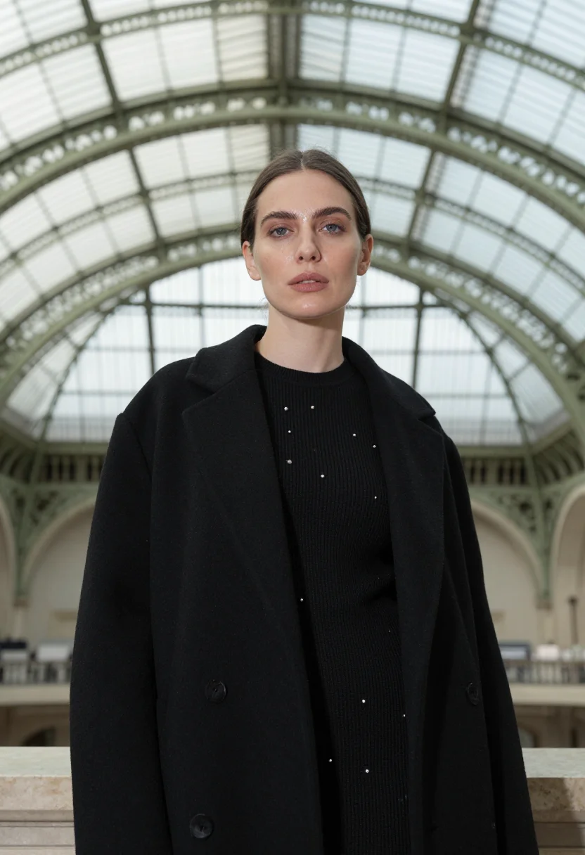 AI paris photo grand palais black sample — portrait of a woman, framed chest-up, the camera at eye leve