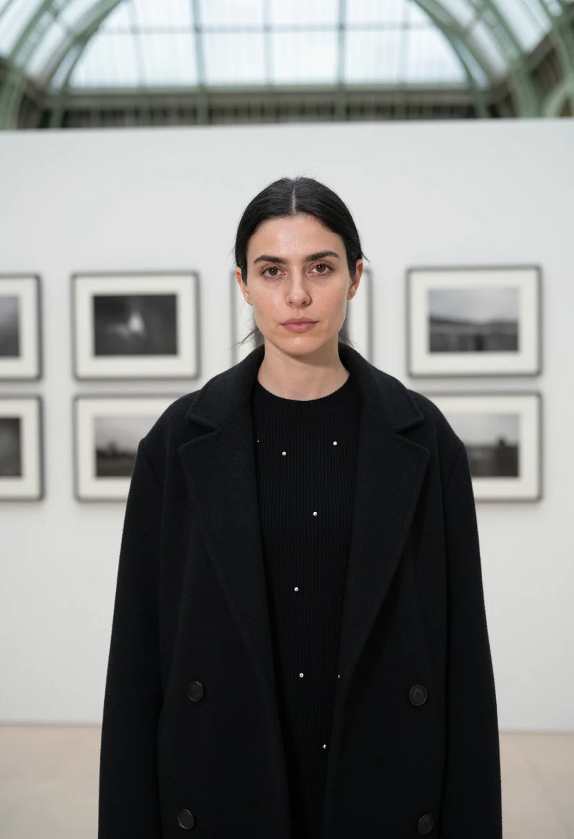 AI paris photo grand palais black sample — portrait of a woman, framed chest-up, the camera at eye leve