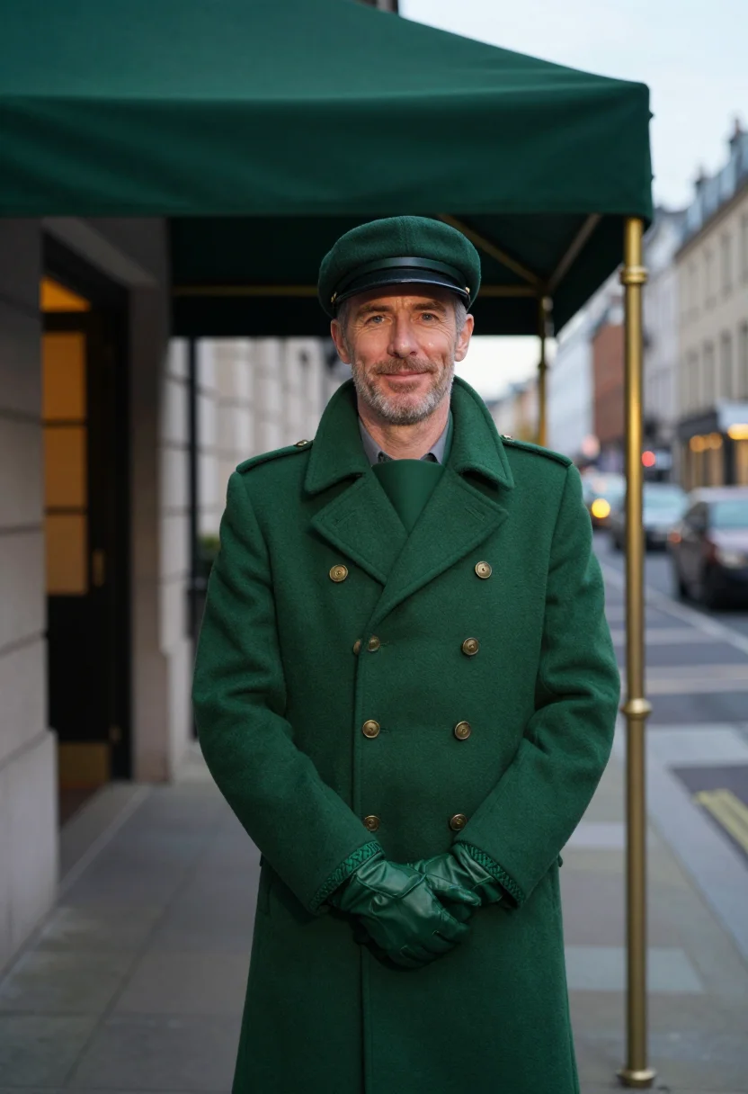 AI park avenue doorman bottle green sample — portrait of a man, framed half-length, cropped at the waist,