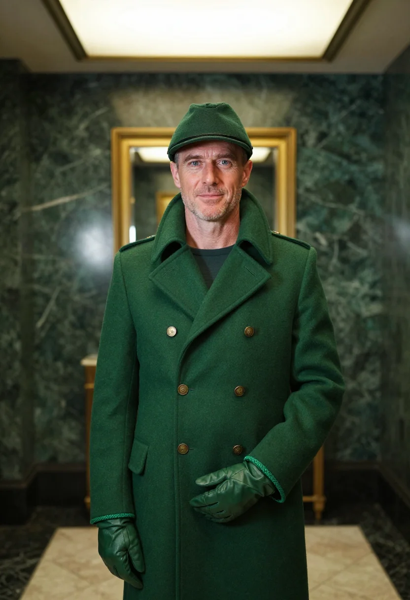 AI park avenue doorman bottle green sample — portrait of a man, framed half-length, cropped at the waist,