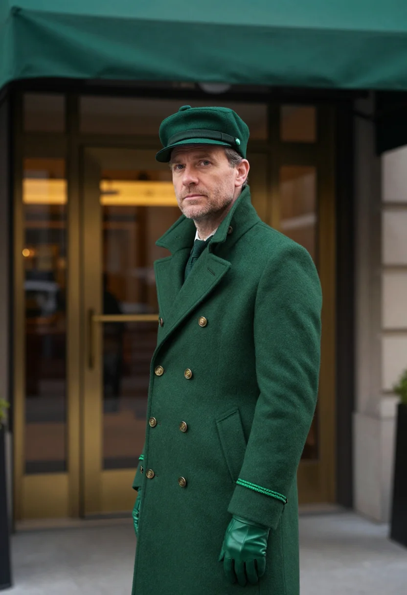 AI park avenue doorman bottle green sample — portrait of a man, framed chest-up, cropped at the mid-chest