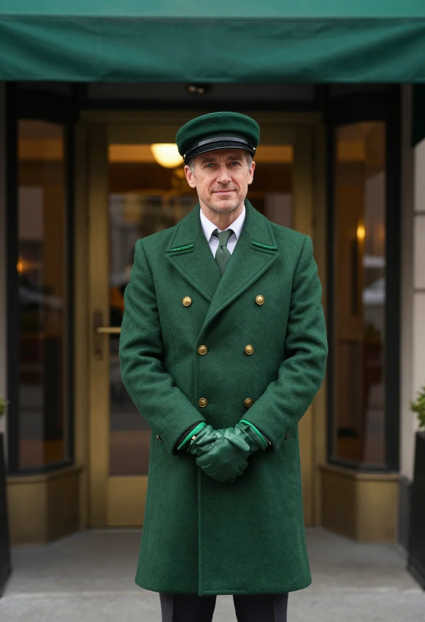 AI park avenue doorman bottle green sample — portrait of a man, framed three-quarter length, cropped just