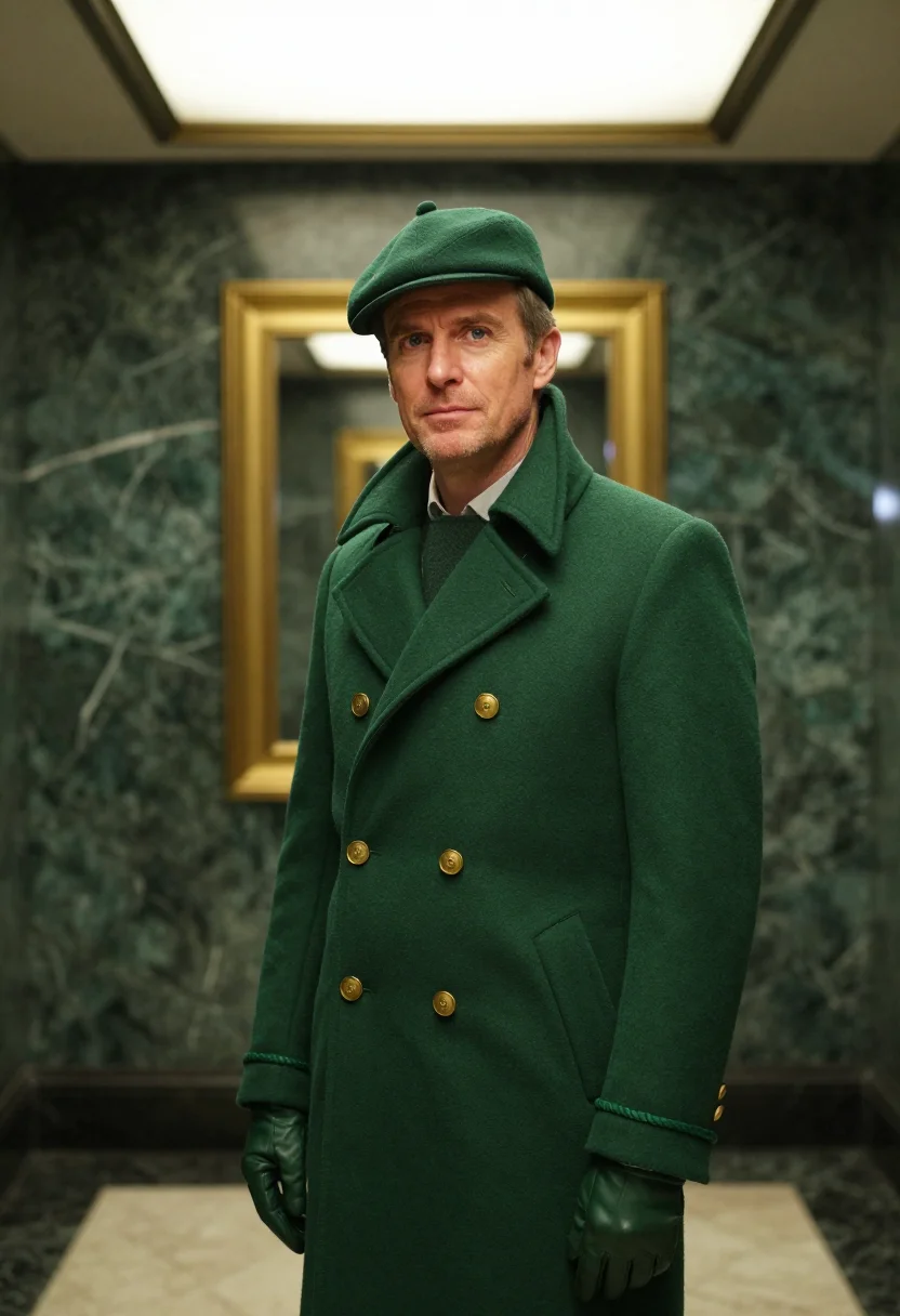 AI park avenue doorman bottle green sample — portrait of a man, framed chest-up, cropped at the mid-chest