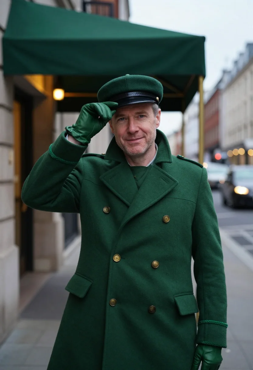 AI park avenue doorman bottle green sample — portrait of a man, framed chest-up, cropped at the mid-chest