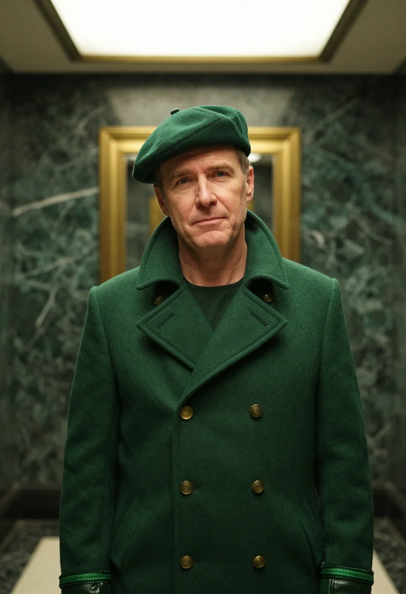 AI park avenue doorman bottle green sample — portrait of a man, framed tight, head and shoulders, the bod
