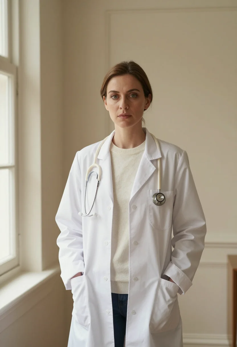 AI park avenue physician limestone sample — portrait of a woman, framed half-length from the head to the