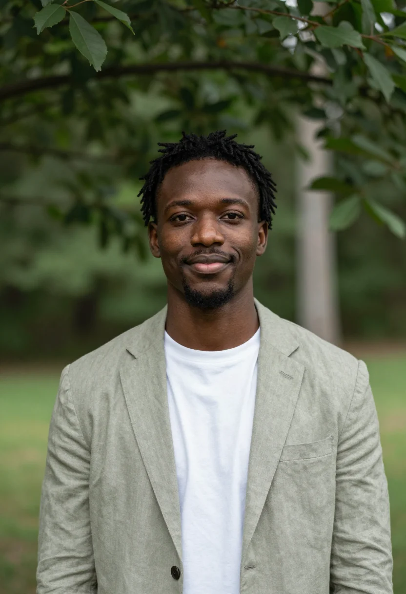 AI park foliage headshot sample — head-and-shoulders portrait of a Black European man in his m