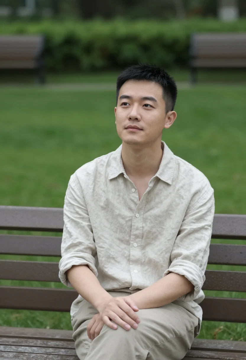 AI park foliage headshot sample — half-length portrait of an East-Asian man in his early forti