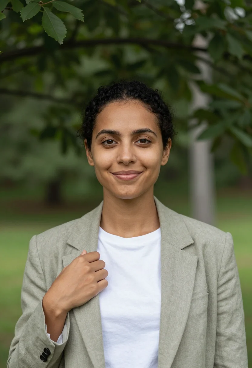 AI park foliage headshot sample — head-and-shoulders portrait of a Western-European woman in h