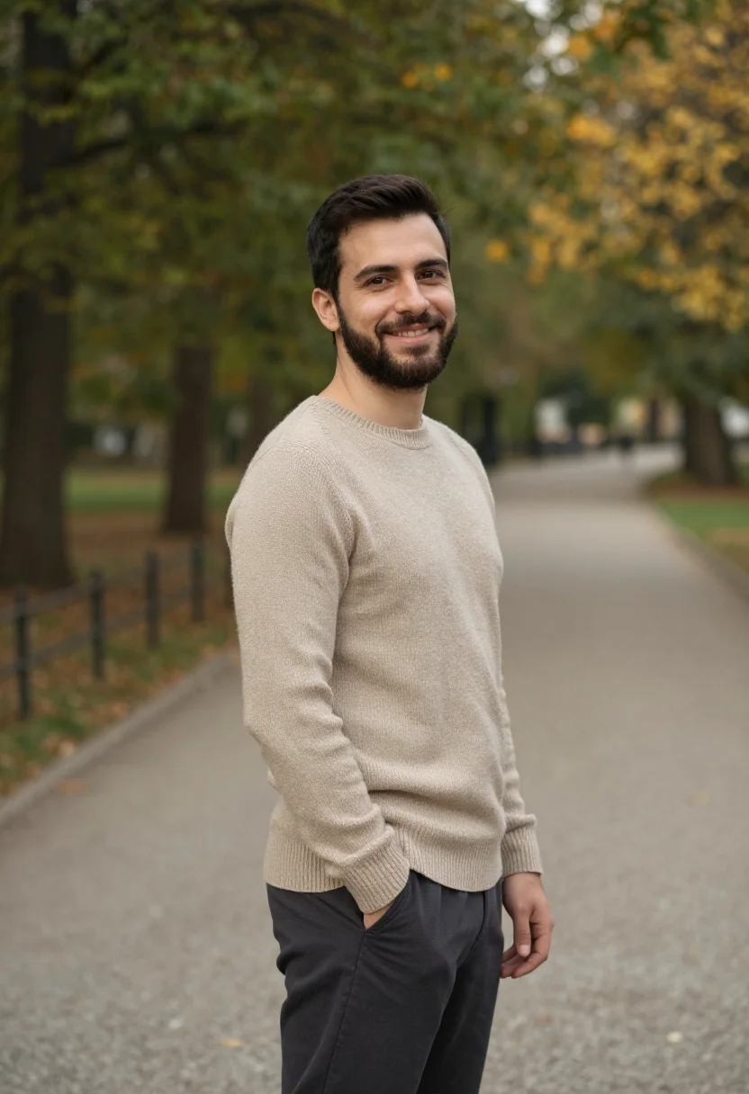 AI park foliage headshot sample — half-length portrait of a Western-European man in his late t