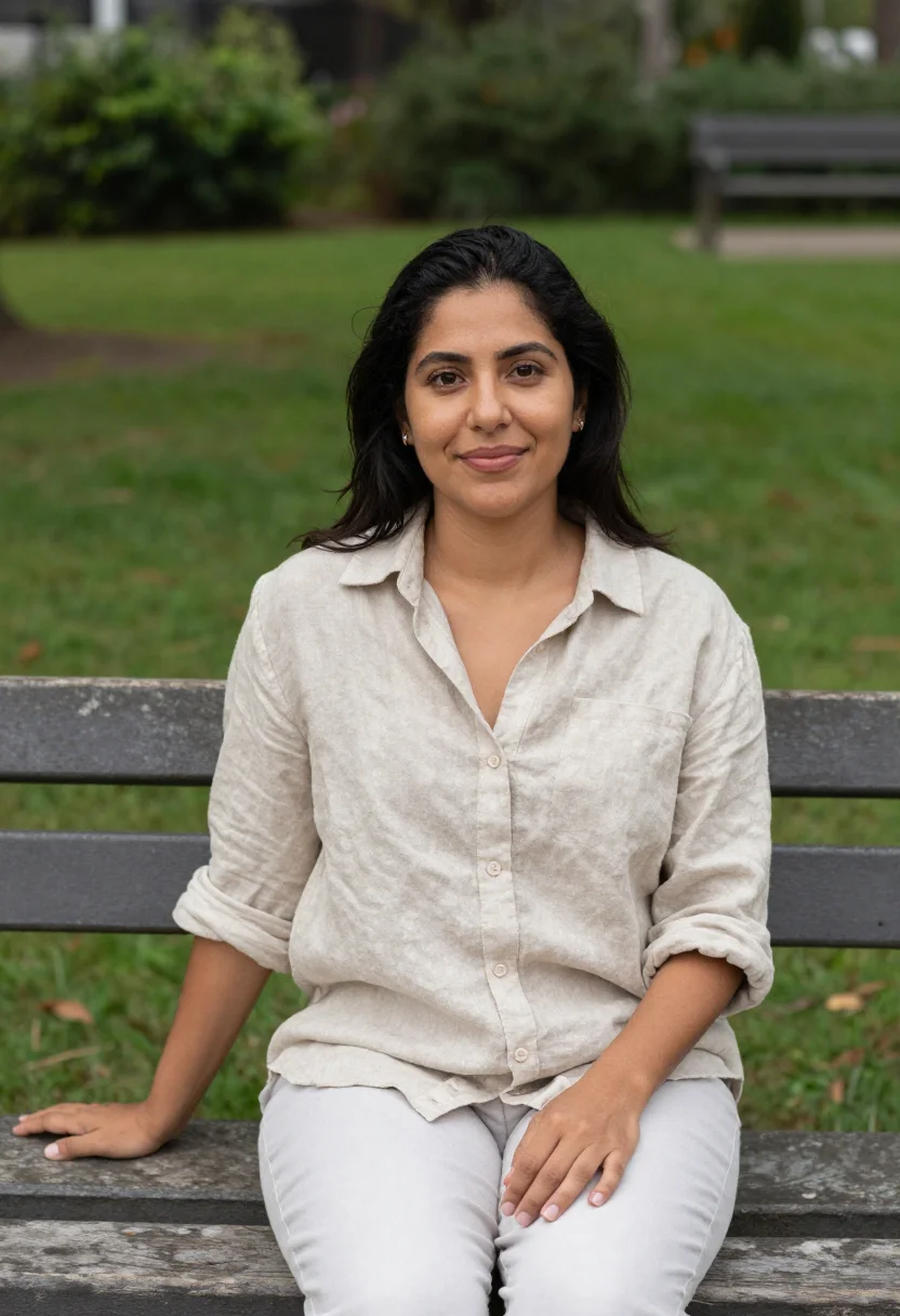AI park foliage headshot sample — half-length portrait of a Latin-American woman in her mid-th