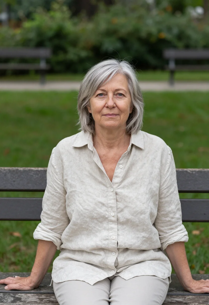 AI park foliage headshot sample — half-length portrait of a Western-European woman in her fift