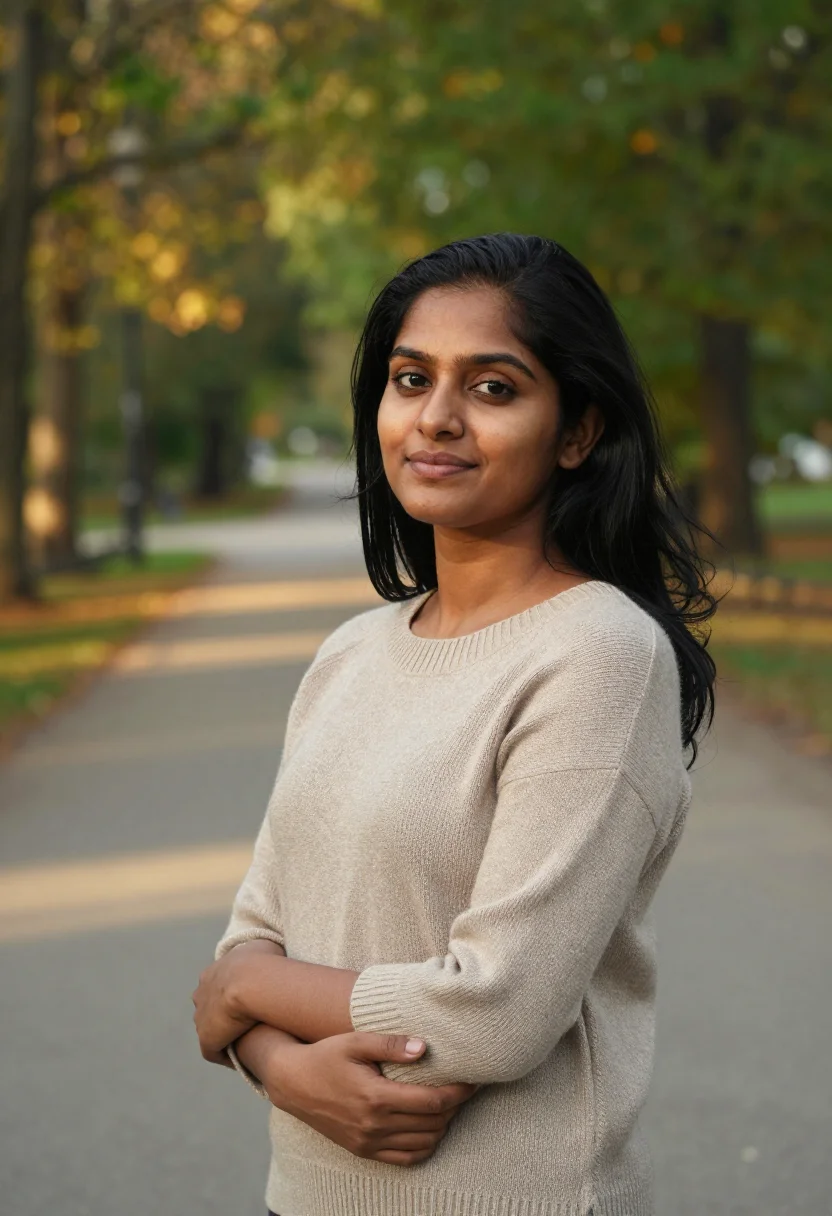 AI park foliage headshot sample — chest-up portrait of a South-Asian woman in her early thirti