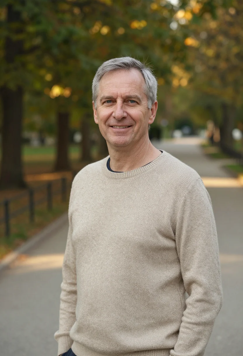 AI park foliage headshot sample — chest-up portrait of a Western-European man in his fifties w