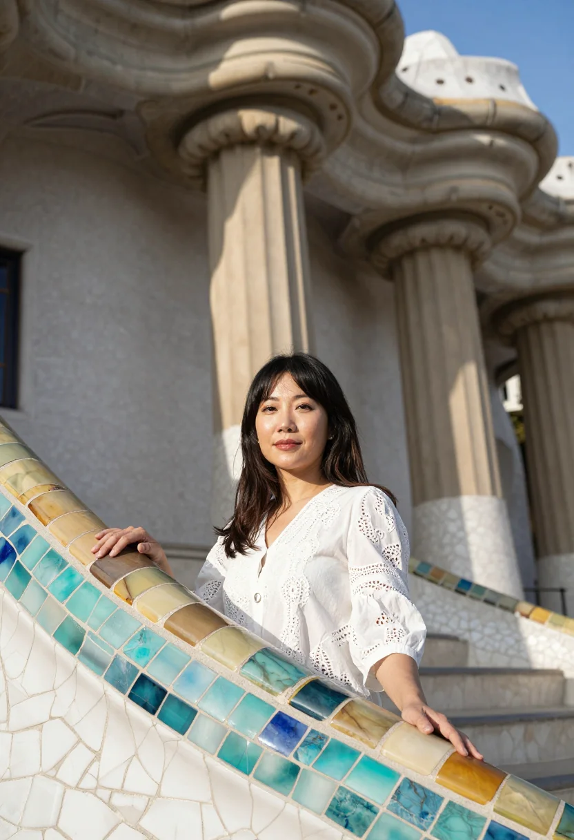 AI park guell sample — half-length portrait of an East-Asian woman with warm fair s