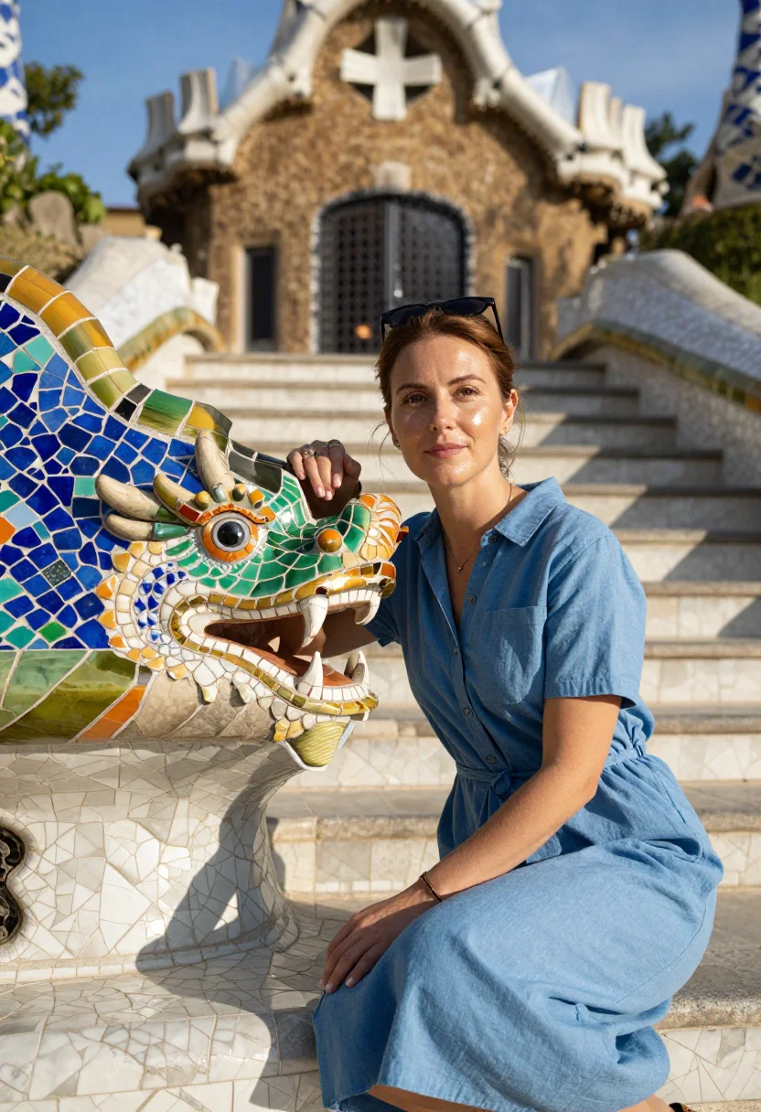 AI park guell sample — half-length three-quarter portrait of a Western European wom